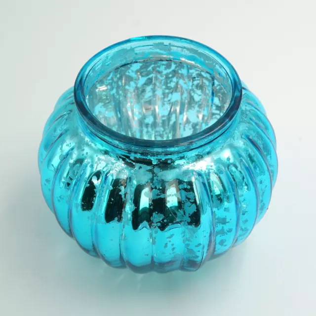 Windlicht Glas Kugel Türkis Blau mit Rillen innen Silber gesprenkelt Teelicht