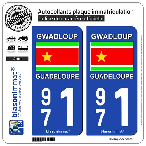 2 Sticker plaque immatriculation auto | 971 Guadeloupe - Drapeau Indépendantiste