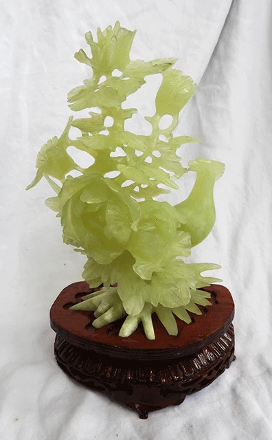 Large Vintage Jade Figure of Pheasants, Birds and Flowers - c 1960s