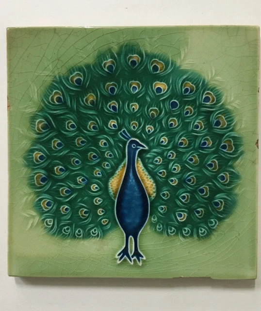 Vintage Majolica Tile DANCING PEACOCK 6in x 6in Japan (9844)