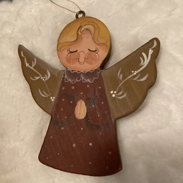 Vintage Red Gold Wooden Angel Christmas Tree Ornament