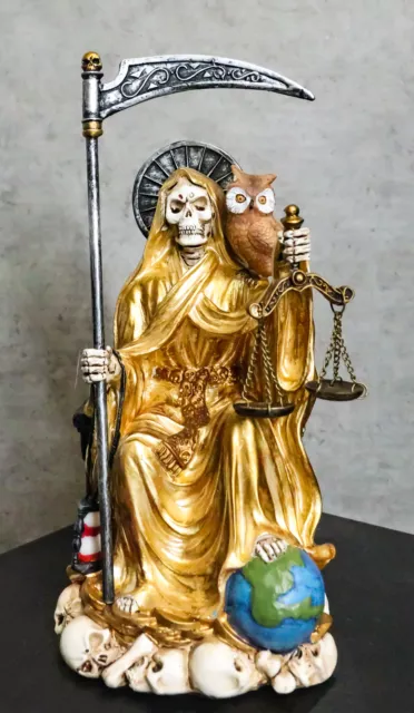 Seated Gold Santa Muerte With Scythe Scales of Justice And Wise Owl Figurine 9"H