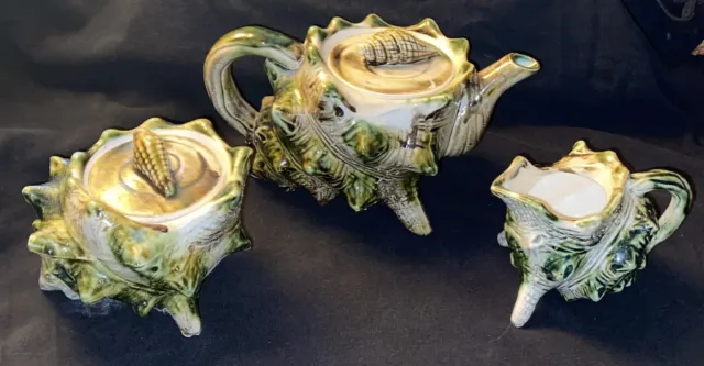 Mid Century Conch Sea Shell Teapot Set Majolica Green Pottery