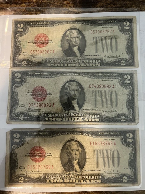 3 -  1928 f,g,d $2 dollar red seal US money
