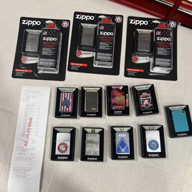 Zippo Lot Of 12 “BRAND NEW” Lighters  LUXURY All In One Kit