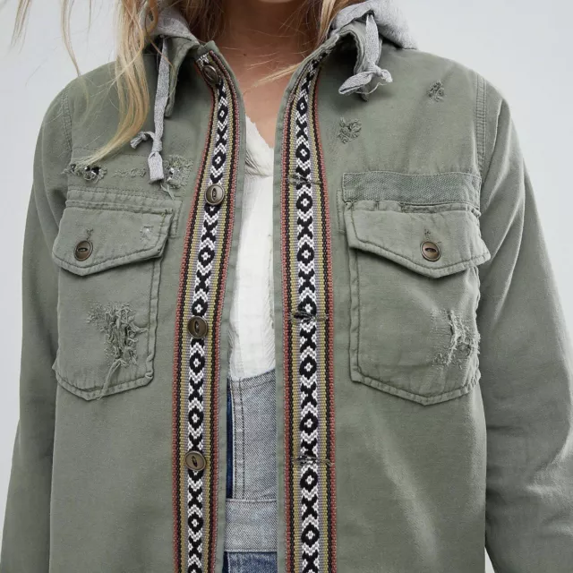 FREE PEOPLE Weekend Wanderer OLIVE GREEN Hood Military Jacket Aztec Trim M Med 3