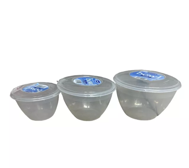 3x Microwave Plastic Pudding Storage Dessert Bowls With Lids 0.6L, 1.2L, 2L