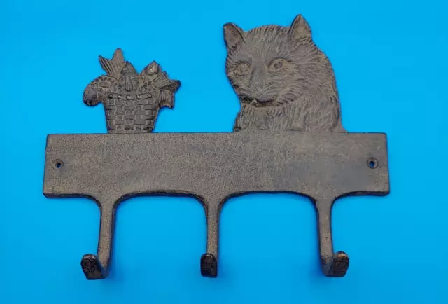 Large 3 hook Vintage Cast CAT black iron hanger wall leash keys hat coat  holder