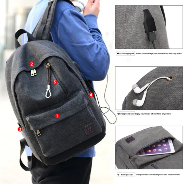 Canvas Men Women Travel Outdoor Laptop Backpack School Bag Rucksack USB Charge