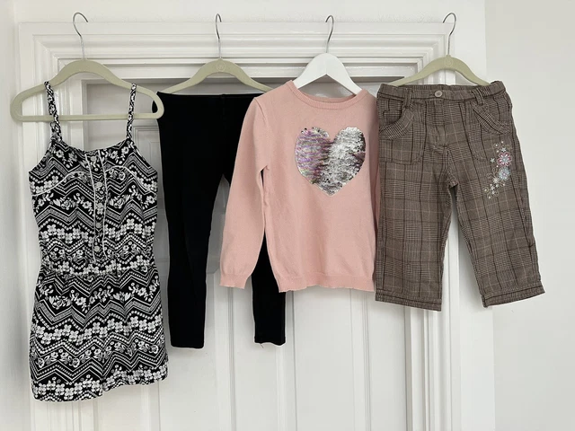 Girls, Bundle Pink Heart Top, Check Trousers, Black Leggings, Playsuit Ages 6-7
