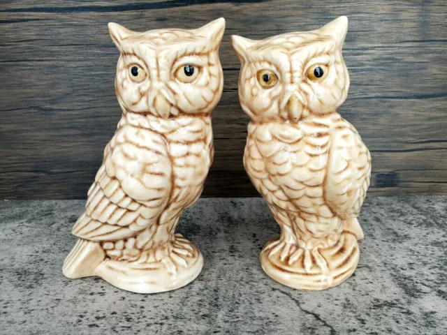 Adorable Owl Figurine Ceramic 7" Tall Vintage Brown Hand Painted Set of Two