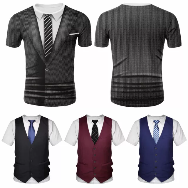 Men Funny Faux Fake Tuxedo Suit Shirt top with Vest and tie Short Sleeve T-Shirt