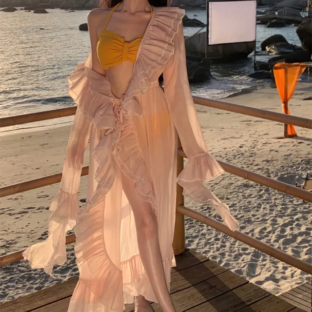 Damen Offene Vorderseite Langes Kleid Sonnengeschützt Strand Pullover Fairy Sexy