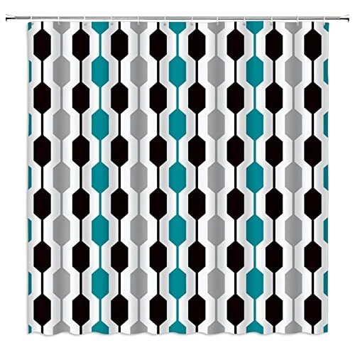 Mid Century Shower Curtain Abstract Geometric Teal Black Grey