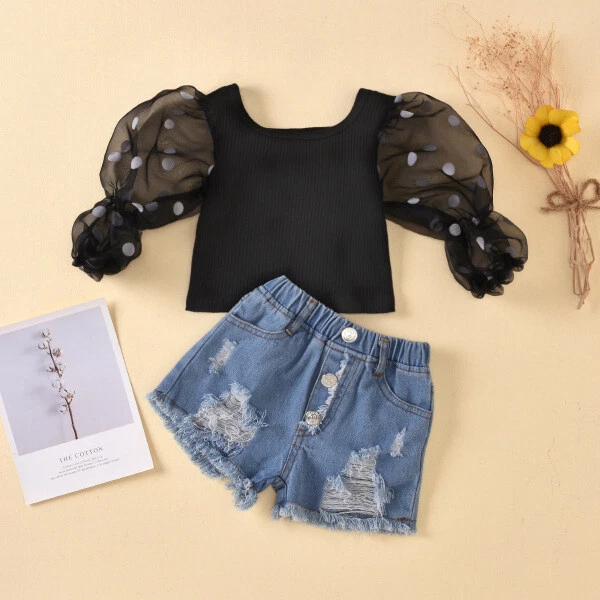 Completo Bimba bambina Maglia maniche corte pantaloni corti denim jeans   B032