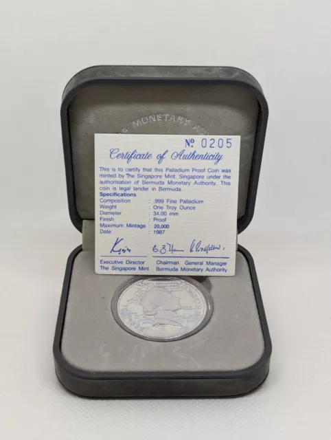 🔥🪙🔥 GEM BU 1987 1 Troy Ounce Palladium Proof Coin $25 Bermuda Singapore Mint