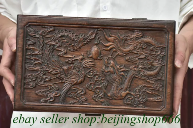12" Old Chinese Huanghuali Wood Dynasty Dragon Phoenix Storage Box