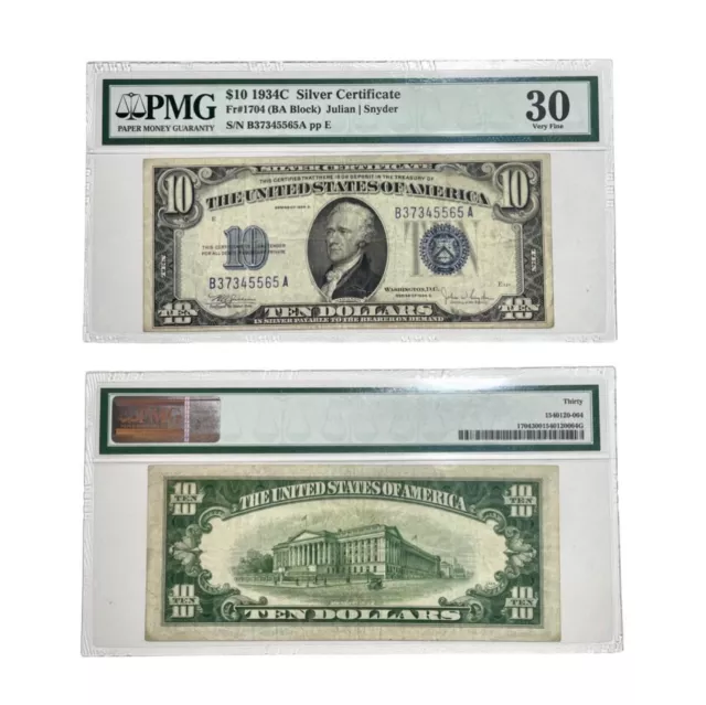 1934 C $10 Silver Certificate Note Fr.1704 (Ba Block) Pmg  Vf 30 Epq