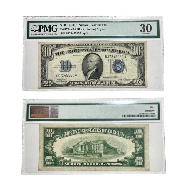 1934 C $10 Silver Certificate Note Fr.1704 (Ba Block) Pmg  Vf 30 Epq