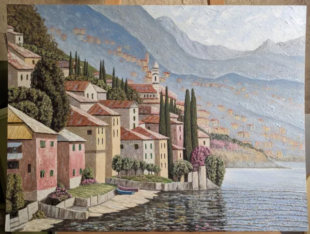 Large oil painting, Italian cityscape, Lake Como view 24 x 32" 2