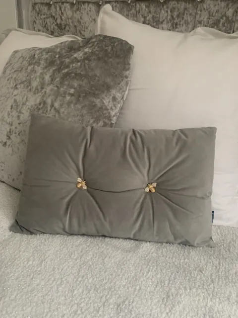 Paoletti Bumble Bee Diamante Boudoir Silver Grey Filled Velvet Display Cushion