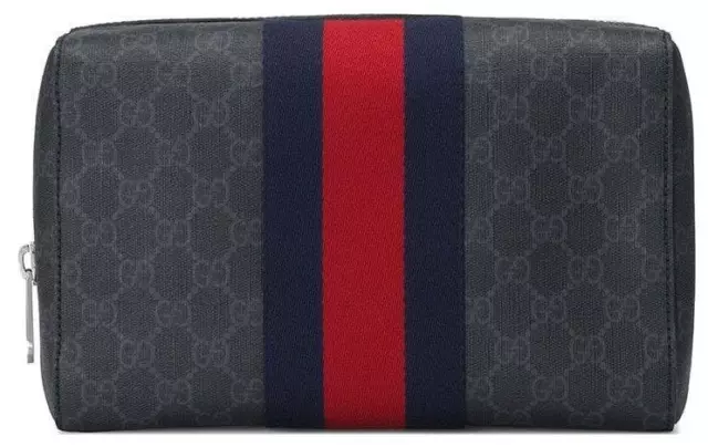 New Gucci Men's Black Gg Supreme Canvas Web Detail Large Toiletry Case Bag