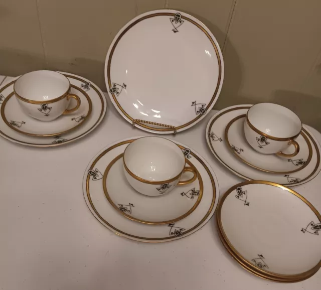 Bavaria Thomas Art Deco China 13 Piece 4 Plates 7.5 3 Cups 6 Saucers Gold Trimme