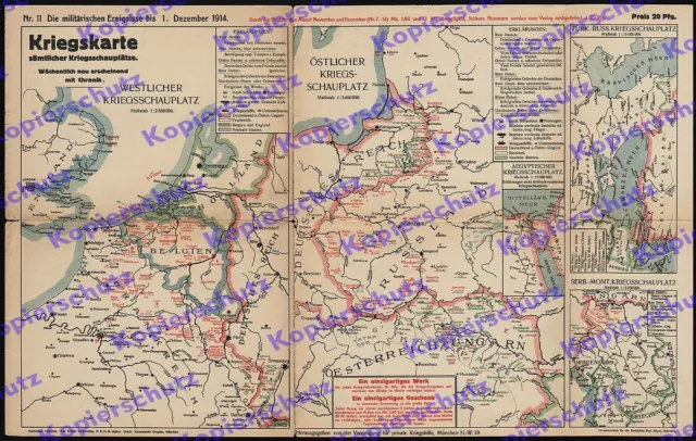 orig. Kriegskarte mit Chronik Dt. Reich Schlachten Front Orient Kolonien 1914