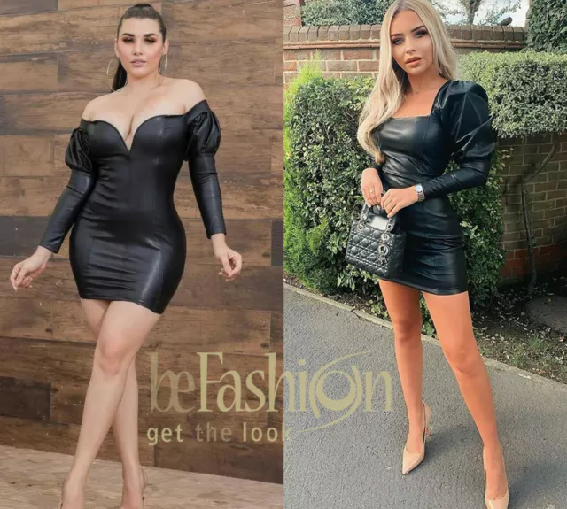 VESTITO IN LATEX Donna Abito Extra Corto Ecopelle Scollato Aderente Sexy Sera