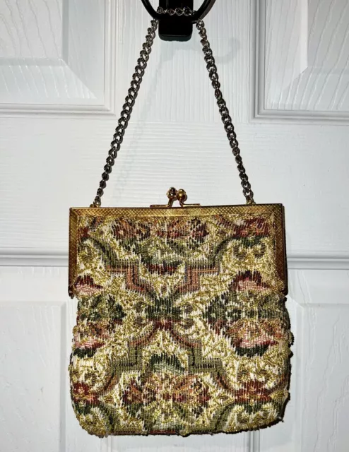 Vintage Walborg Beaded Tapestry Purse Bag Clutch Gold Kiss Lock Hong Kong