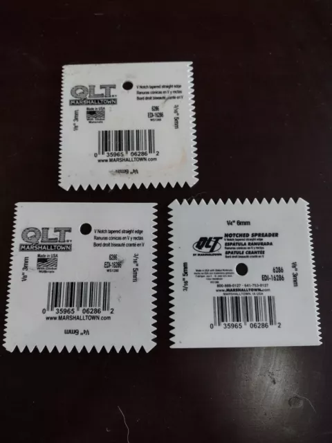 V-NOTCHED tapered straight edge ADHESIVE SPREADERS 1/8" 1/4" 3/16" USA made QLT