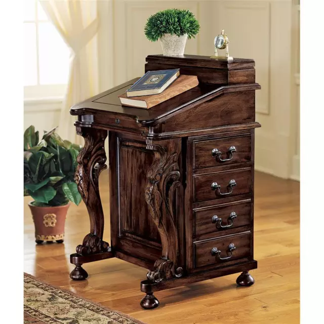 19th Century Hand Carved Solid Mahogany Antique Replica Davenport Writing Desk