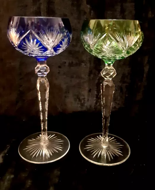 Crystal STUNNING EUROPEAN ANTIQUE PAIR HOCK HAND CUT Glasses GREEN/BLUE