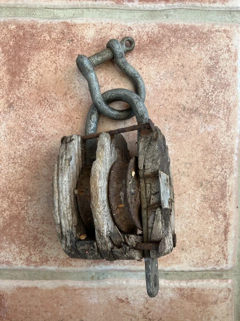 Vintage Wooden Double Block Boat Pulley with Metal Inner Wheels Sheaves Marine