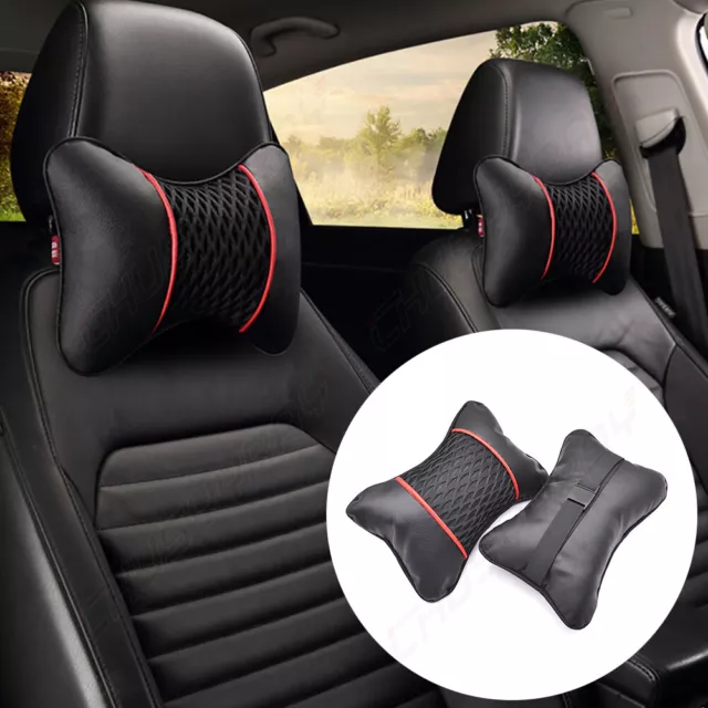 2x Car Seat Head Neck Rest, PU Leather Support Cushion Pad HeadRest Bone Pillow.