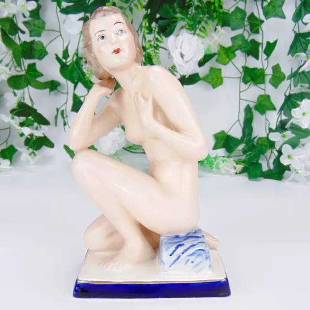 Czech Porcelain Figurine - Royal Dux Style Nude Lady Kneeling - Hand Made 20cm