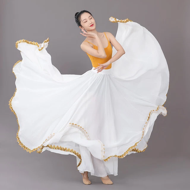 Women Chiffon Belly Dance Long Skirt Lace Trim Swing Ballroom Dancewear Ethnic