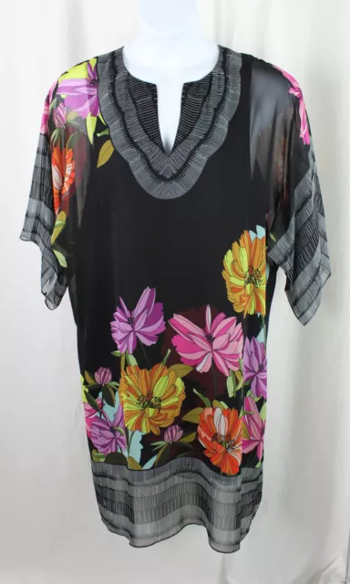 Trina Turk Black Multi Floral Print V Neck Sheer 3/4 Sleeve Length Dress Size 14