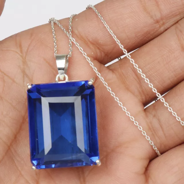 Large 135ct Emerald Cut Blue Topaz Gem 925 Silver Pendant Gift for Daughter