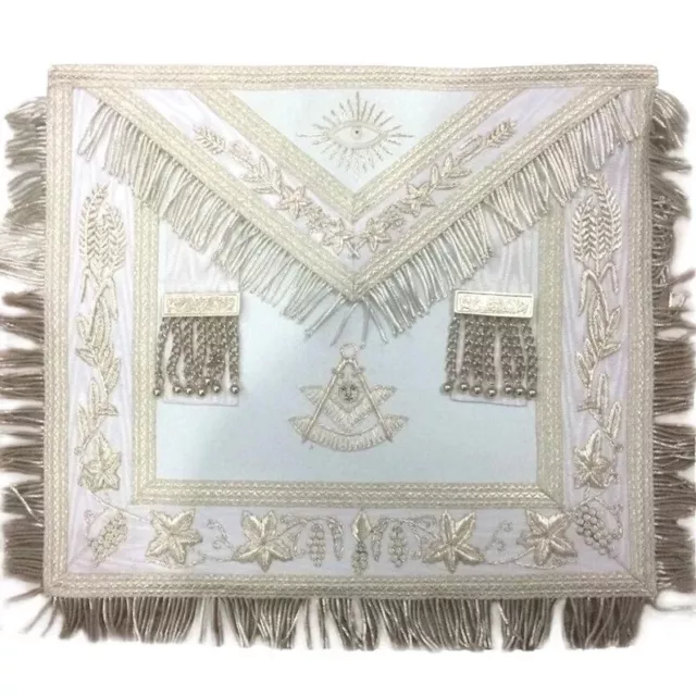 Masonic Regalia White Blue Lodge Past Master Apron Hand Embroidered Bullion Vine