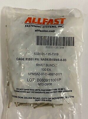 Allfast Aviation Titanium Solid Rivets Button Heads NAS1198-2-7 1000 count 