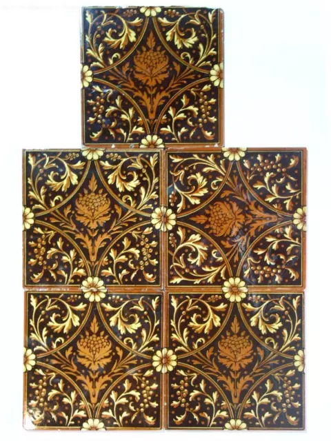 Set 5 Minton Art Nouveau Tiles, Ferns & Flowers