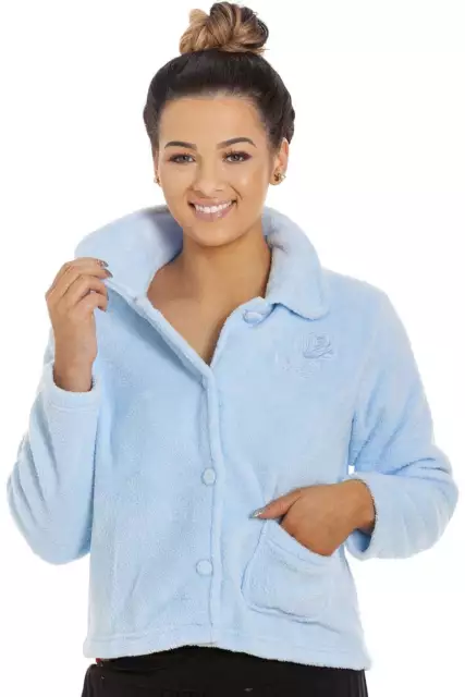 Camille Women's Light Baby Blue Button Up Supersoft Fleece Bed Jacket Top