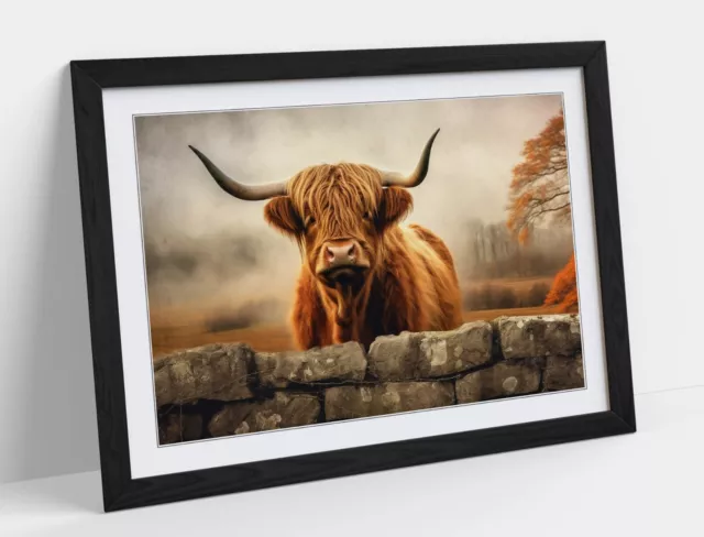 Highland Cow Behind Wall, Autumn Landscape -Framed Wall Art Poster Paper Print