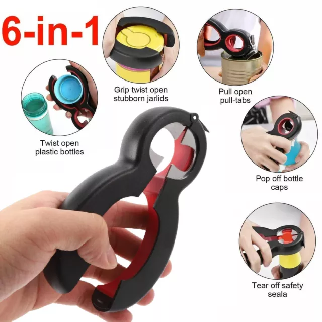 6 in 1 Bottle Opener Multi Purpose Jar Can Manual Cap Lid Twist Off Kitchen Tool