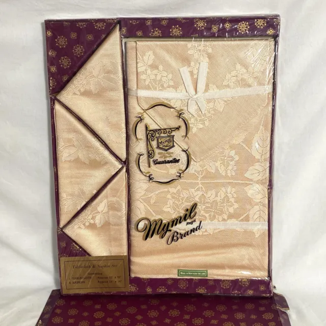 Vintage Irish Tablecloth & Napkin Set. Boxed. Unused. 1950s. Beige/Gold Floral.