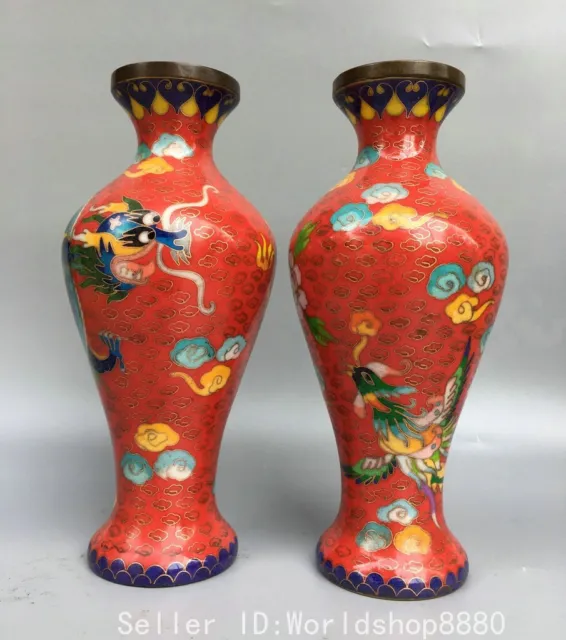 10" Old China Qianlong Marked Bronze Cloisonne Fengshui Dragon Phoenix Vase Pair