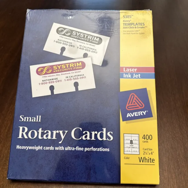 Avery ~ Small Rotary Cards 5385 2 1/6 " x 4 " Rolodex White Box of 400 Cards New