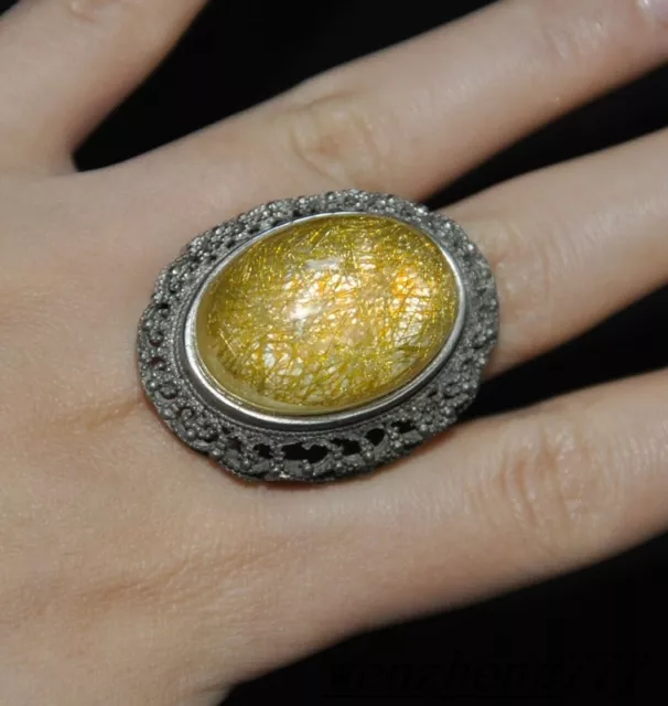 Old China Tibetan silver inlay yellow gem dynasty Jewelry Ring