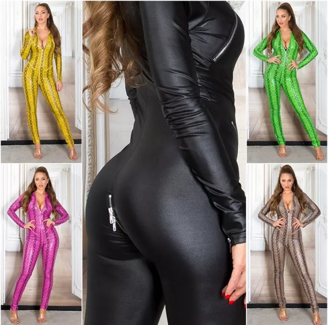 Koucla 2 Way Cerniera Lampo Highcollar Effetto Lucido Similpelle Tuta Catsuit